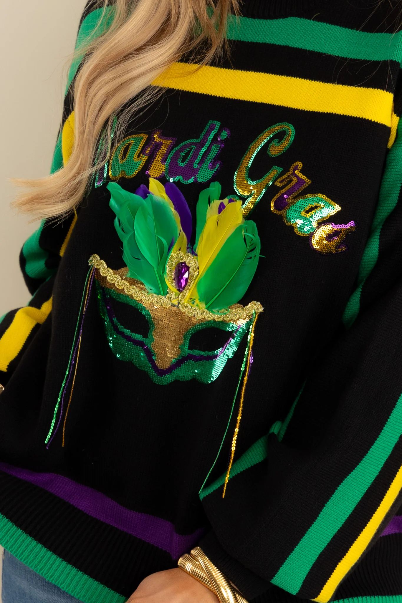 Mardi Gras Striped Mask Long Sleeve Sweater | Queen Of Sparkles - Image 2
