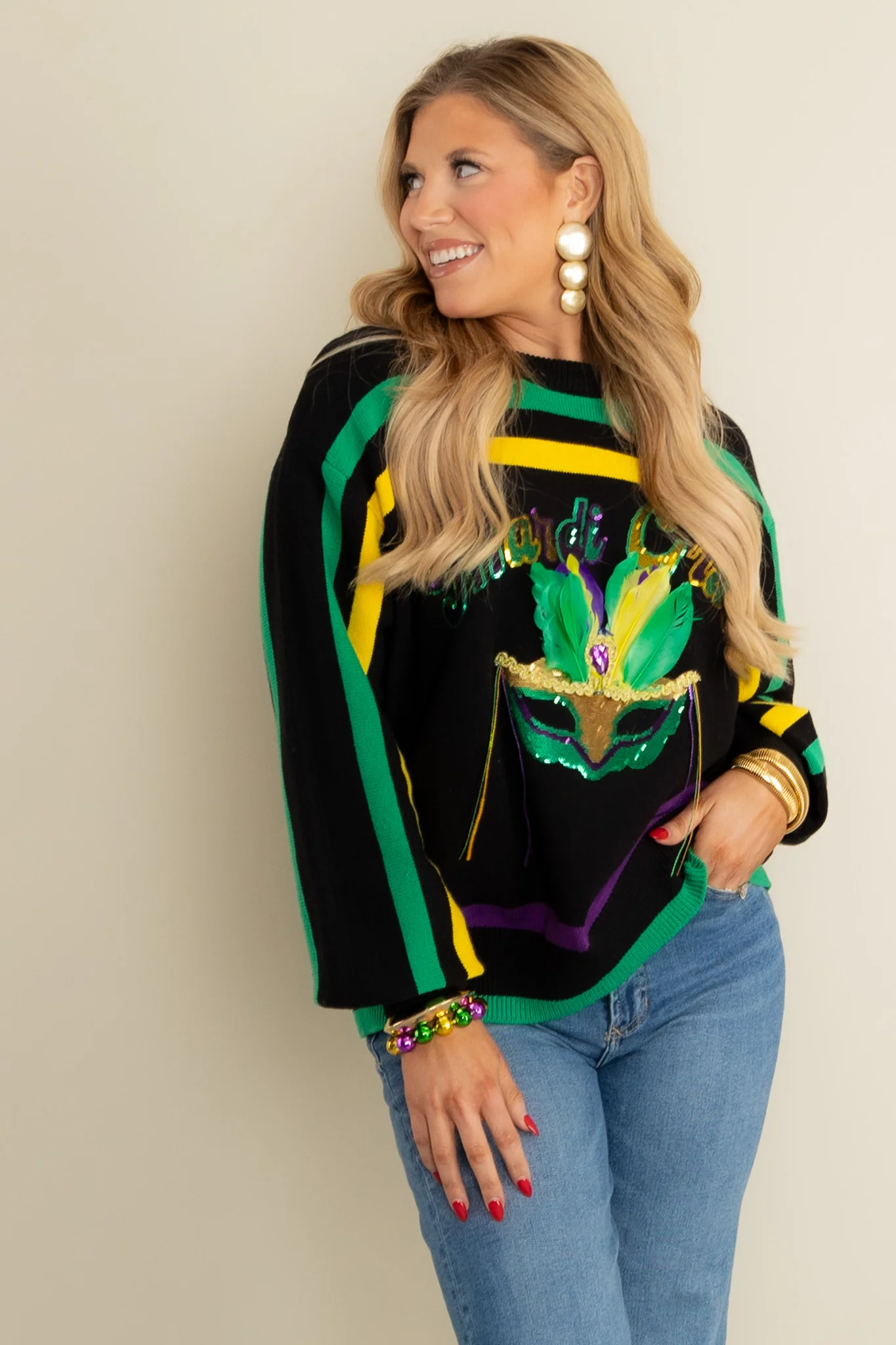 Mardi Gras Striped Mask Long Sleeve Sweater | Queen Of Sparkles - Image 3