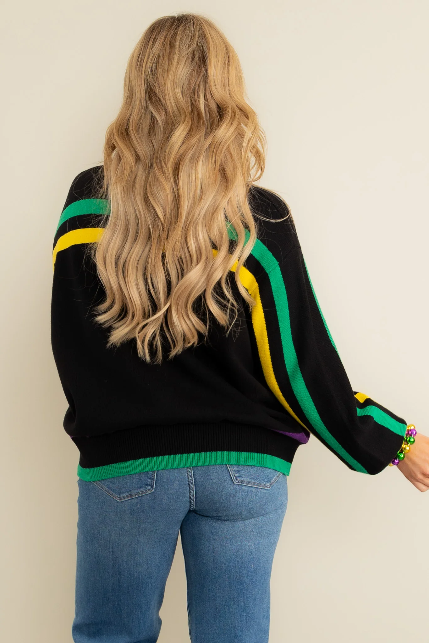 Mardi Gras Striped Mask Long Sleeve Sweater | Queen Of Sparkles - Image 5