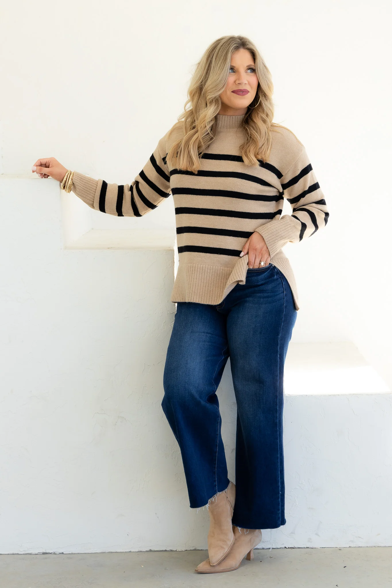 Ferris Striped Beige & Black Long Sleeve Sweater - Image 2