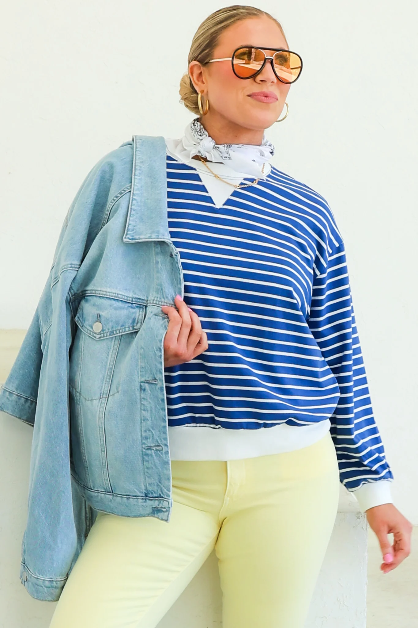 Ella Light Navy Striped Long Sleeve Top