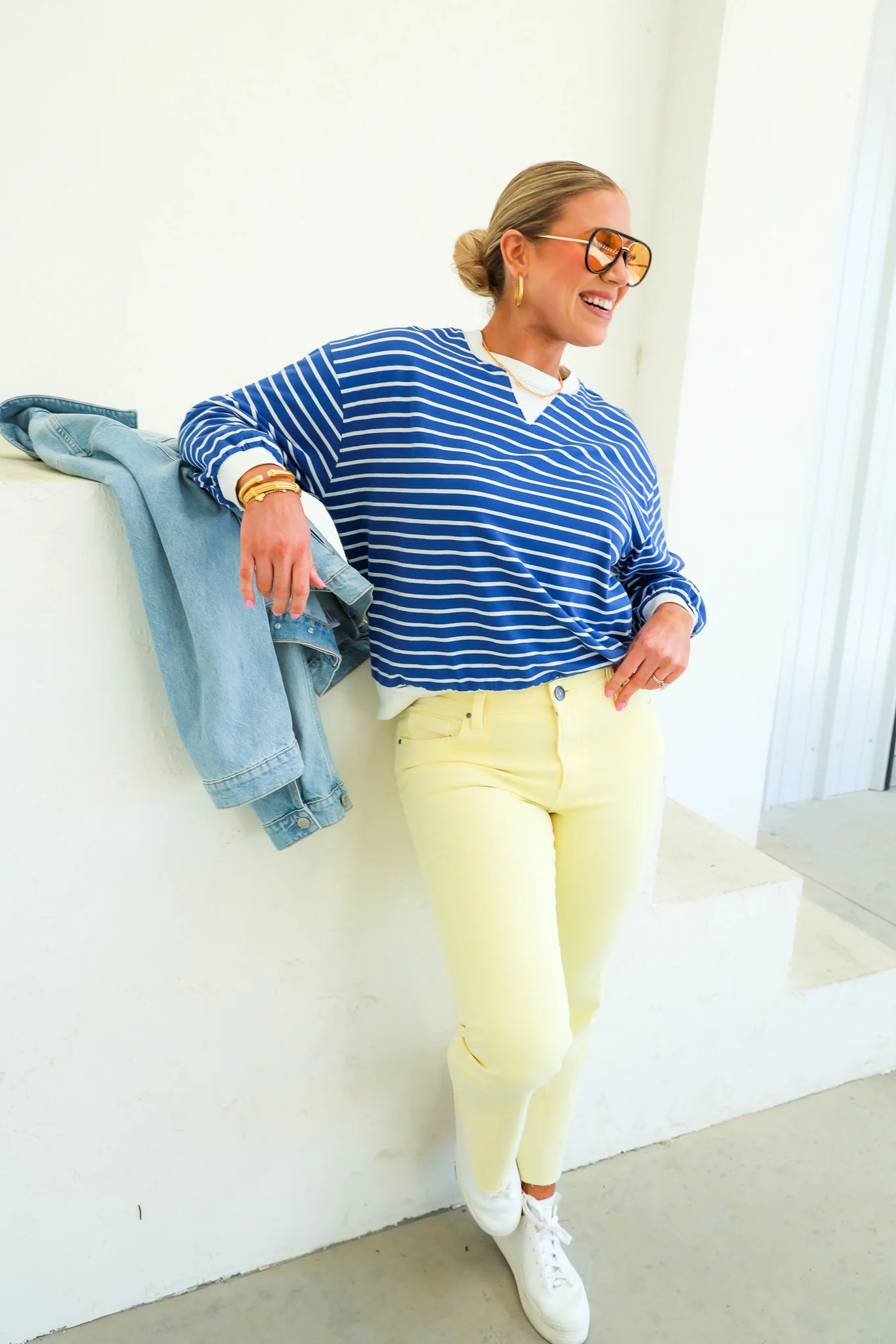 Ella Light Navy Striped Long Sleeve Top - Image 2