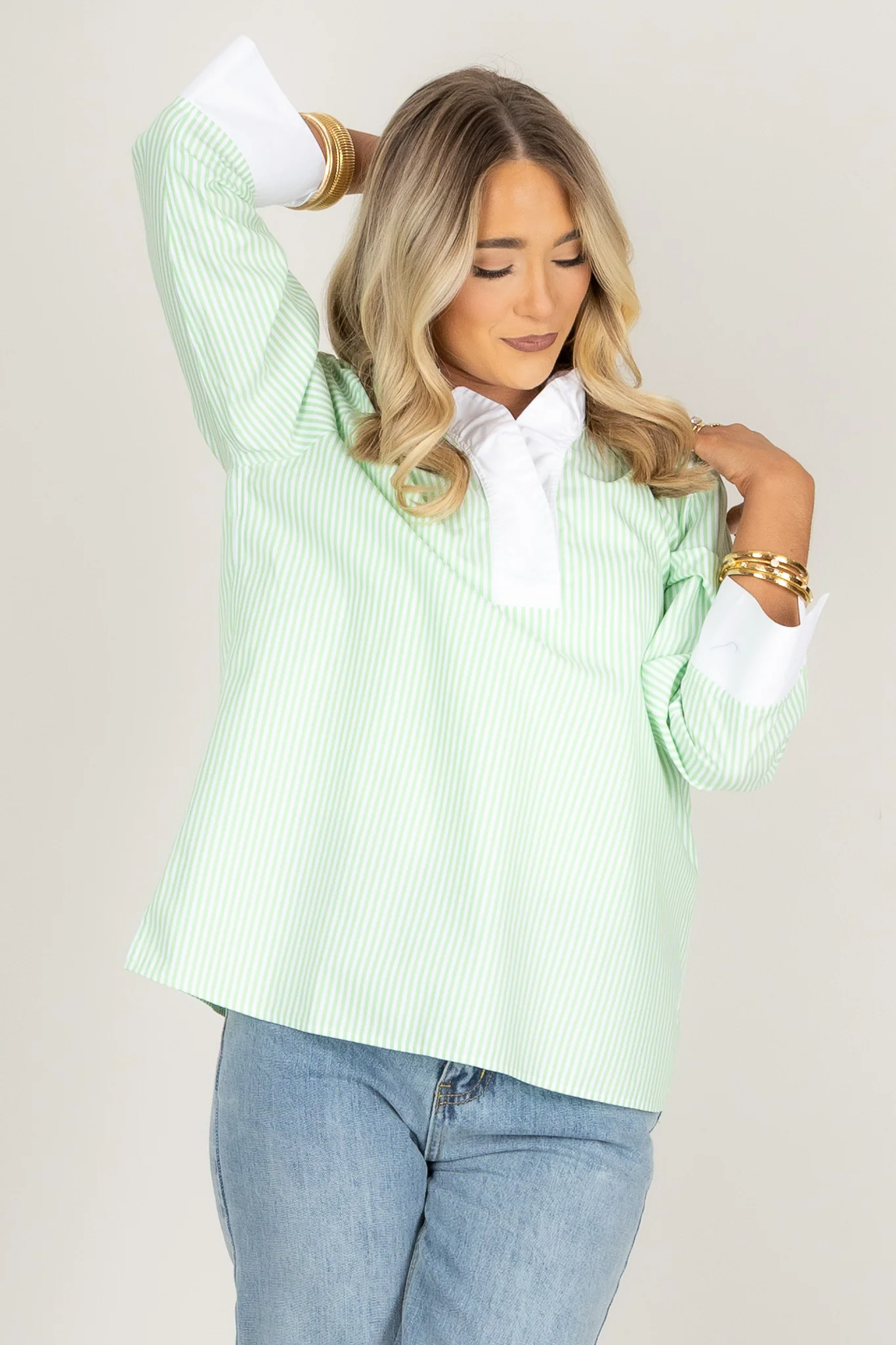 Foxcroft Tammy Striped Mojito & White Long Sleeve Blouse - Image 4