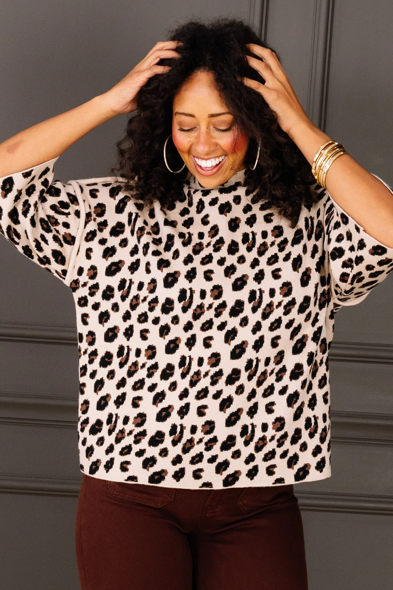 Gabby Tan Leopard Short Sleeve Sweater