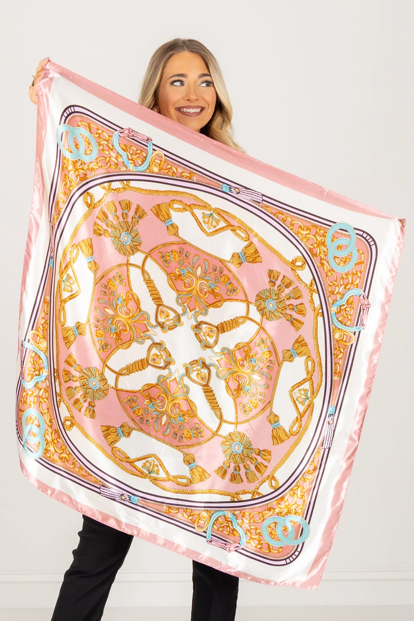 On Your Time Pink Tassel Pattern Scarf - Image 3