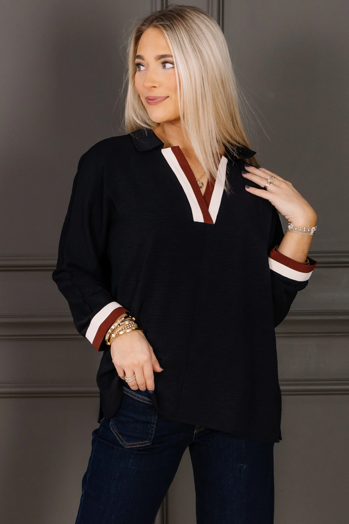 See You Soon Black Long Sleeve Blouse