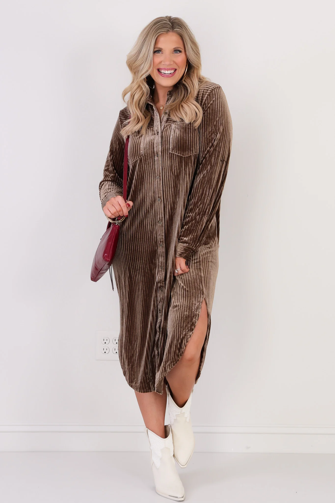 Velvet Elvis Mocha Long Sleeve Midi Dress