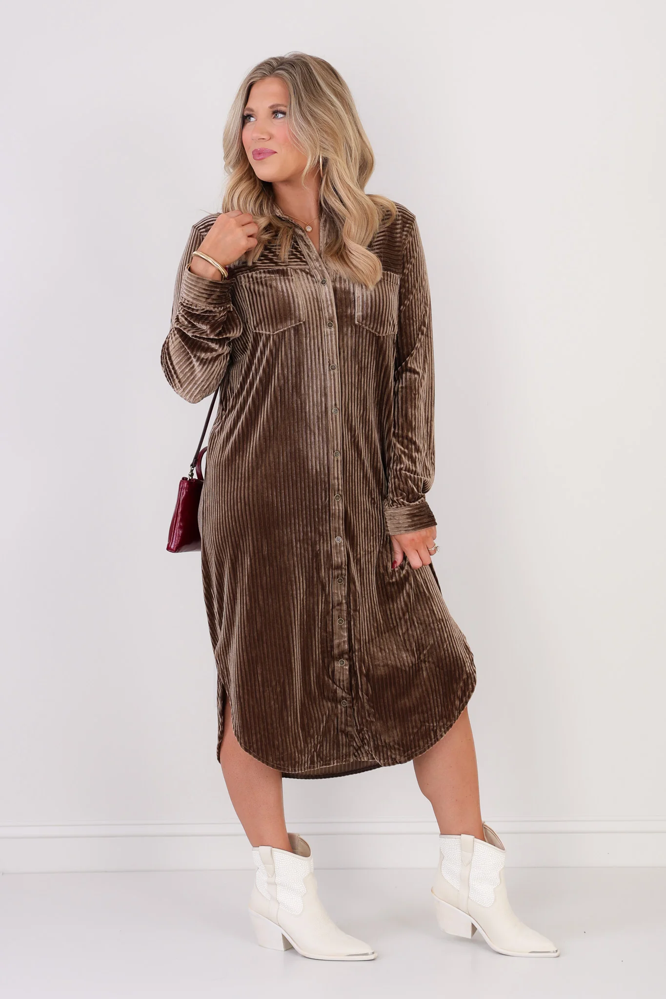 Velvet Elvis Mocha Long Sleeve Midi Dress - Image 2