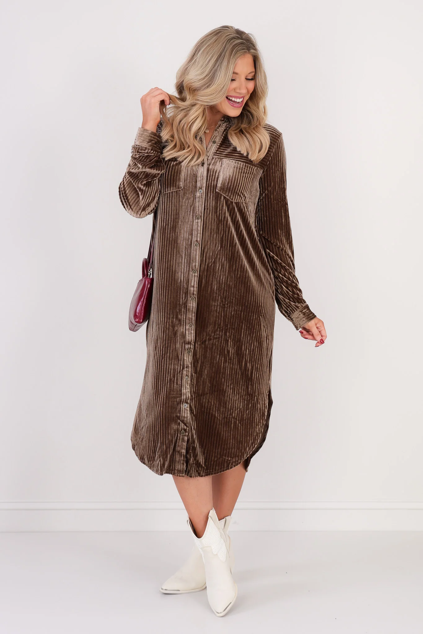 Velvet Elvis Mocha Long Sleeve Midi Dress - Image 4