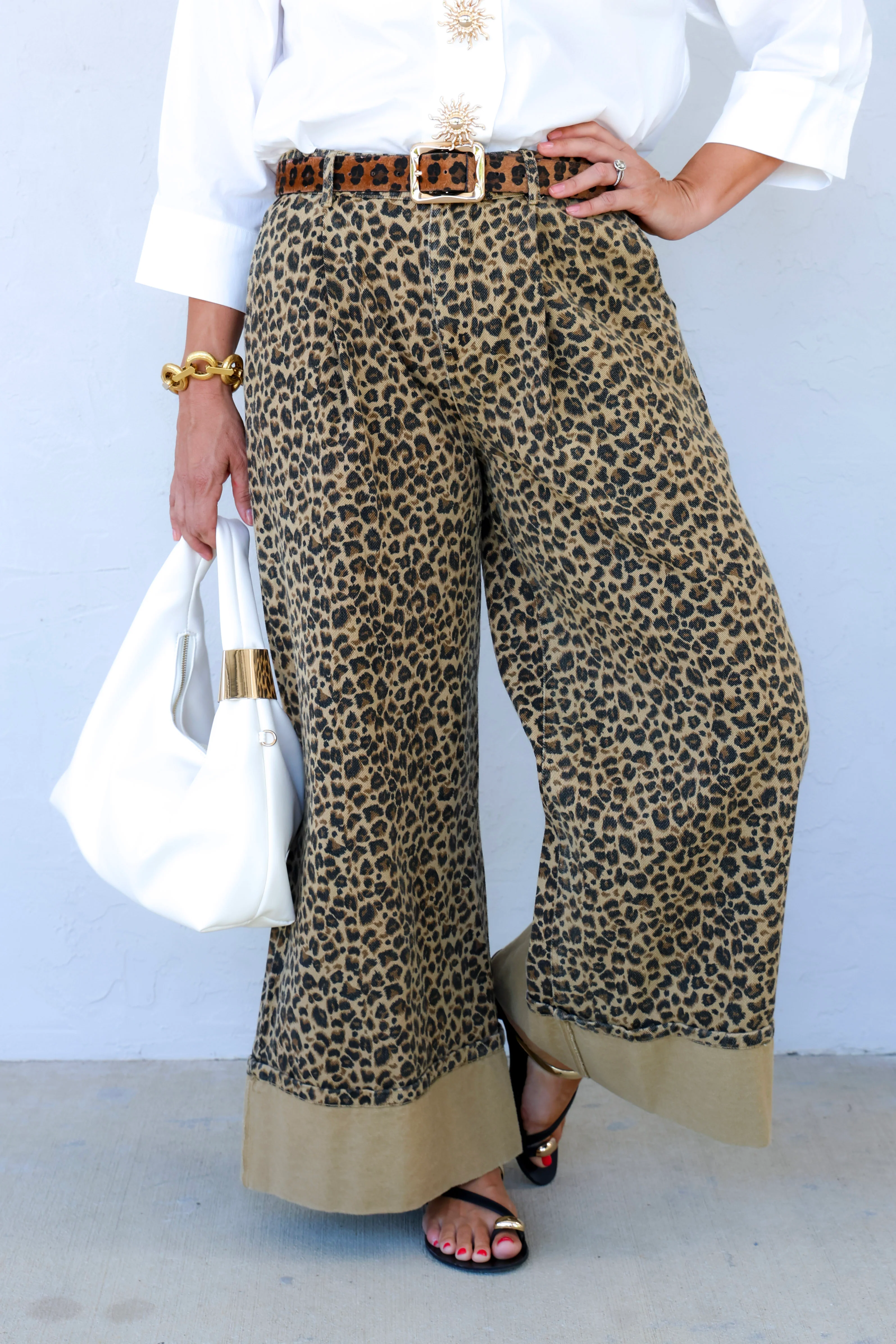Amera Washed Leopard Cuffed Hem Wide Leg Denim Jean - Image 4