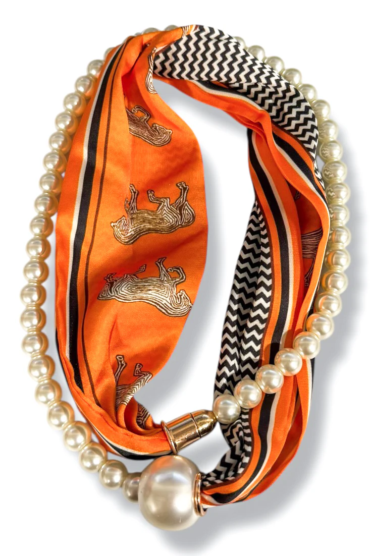 When Time Comes Orange & Pearl Layered Scarf Necklace