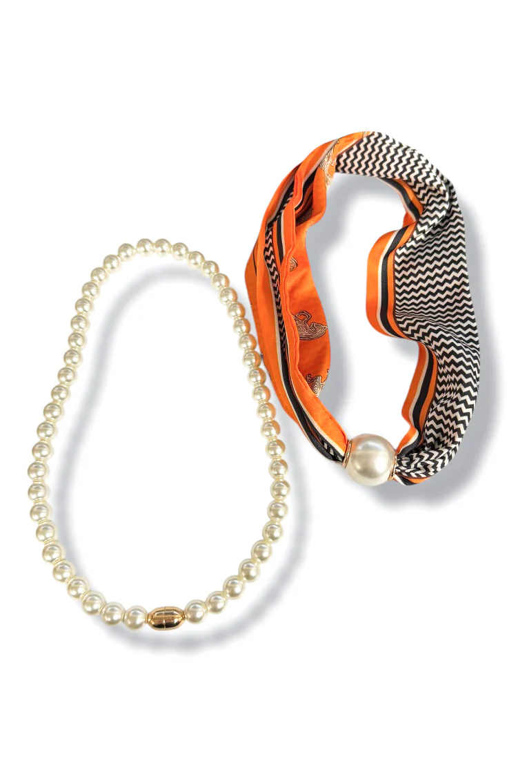When Time Comes Orange & Pearl Layered Scarf Necklace - Image 2