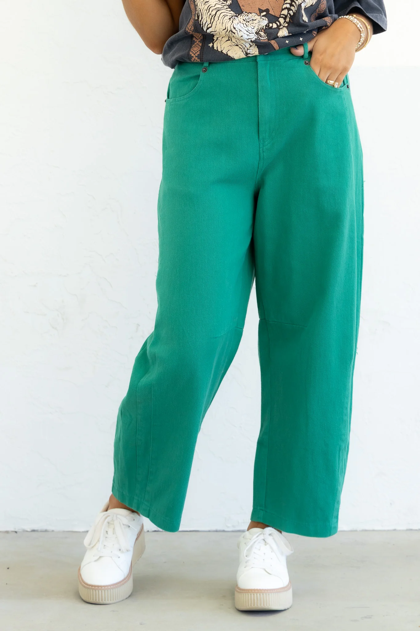 Help Myself Green Cropped Barrel Pant
