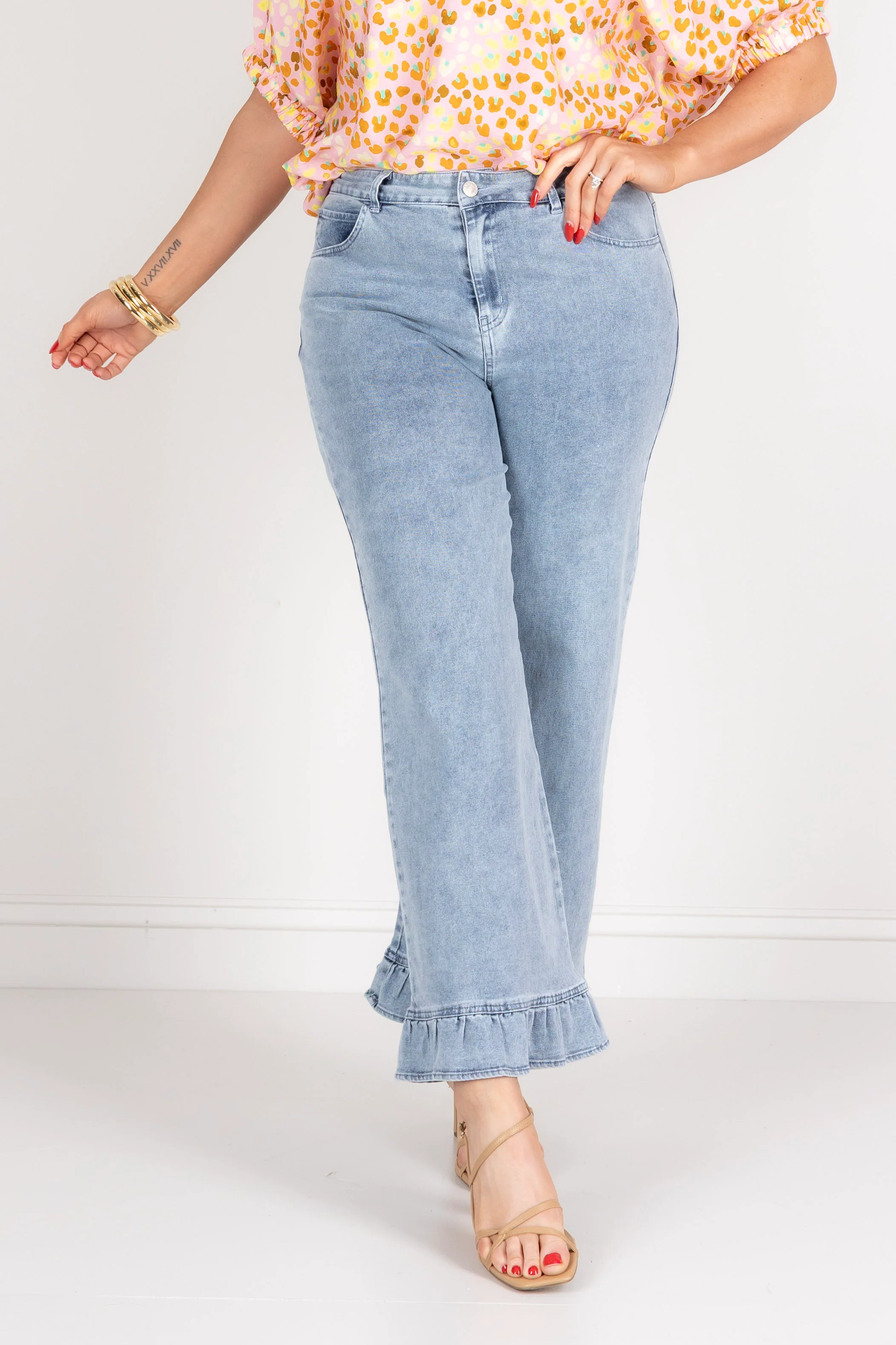 Coming Around Light Blue Ruffle Hem Wide Leg Pant - Image 3